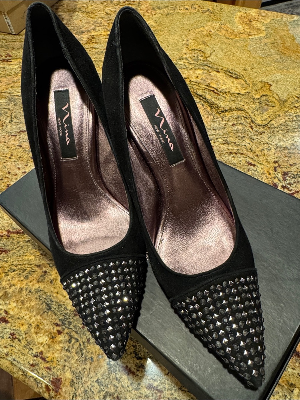 Nina Black Pointed-Toe Studded Pumps
